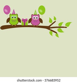 Vector illustration of holiday card on a festive theme. Owls, birthday celebration