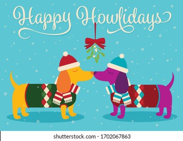 A vector illustration of a holiday card with two dachshund dogs wearing sweaters kissing in the snow under the mistletoe and the text Happy Howlidays