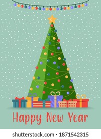 Vector illustration of holiday Christmas and New Year 2021 greeting card with green Christmas tree and star on blue background and frame for text.Invitation corporate card,banner,post design template