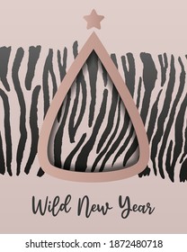 Vector illustration of holiday Christmas and New Year 2021 greeting card Christmas tree with print skin wild animal zebra and frame for text.Invitation corporate card, banner, post design template