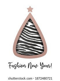 Vector illustration of holiday Christmas and New Year 2021 greeting card Christmas tree with print skin wild animal zebra and frame for text.Invitation corporate card, banner, post design template