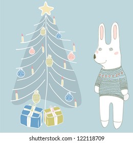 Vector illustration of a holiday Christmas setting with little white rabbit