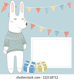 Vector illustration of a holiday Christmas setting with little white rabbit