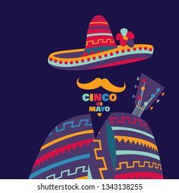 Vector illustration for the holiday of Cinco de Mayo. Design with lettering, and national elements of the holiday.
