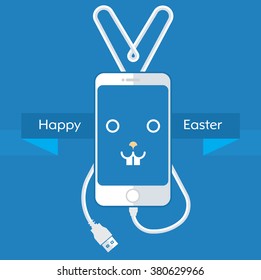 Vector illustration of a holiday dedicated to the day of Holy Easter with the image of a rabbit on a modern mobile phone