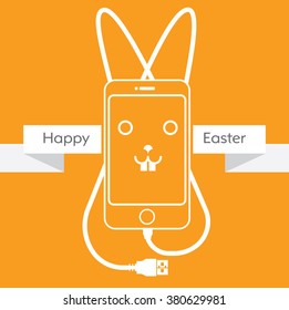 Vector illustration of a holiday dedicated to the day of Holy Easter with the image of a rabbit on a modern mobile phone