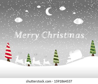 Vector Illustration. Holiday deer, Merry Christmas  typographical on background with winter with light, moon, clouds, stars. Xmas card.