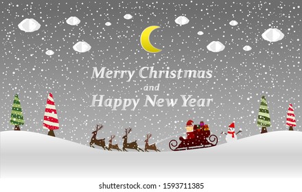 Vector Illustration. Holiday deer, Merry Christmas and Happy new year  typographical on background with winter landscape with snowflakes,  light, moon, clouds, stars. Xmas card.