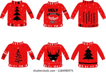 Vector illustration for holiday events as Ugly Christmas Sweater party. Art can be used for invitation, postcard, poster.