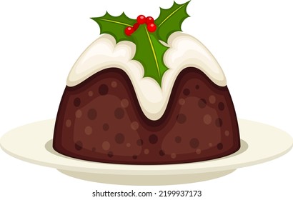 Vector illustration of holiday figgy pudding on a plate with a holly leaf garnish.