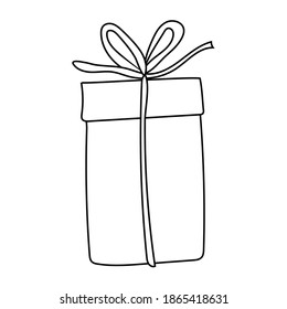 Vector illustration of a holiday gift box in doodles style. Illustration with gift hand drawn on white background. Graphic design elements for advertisement, flyer, poster, web shop sale