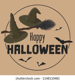 Vector illustration of a holiday greeting banner. The inscription of Happy Halloween on a light background in a round frame with witches' hats, witch's broom and bats.