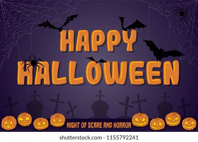 Vector illustration of a holiday greeting banner. The inscription "Happy Halloween" on a purple background with glowing pumpkins, cobwebs, spiders, graves and bats.