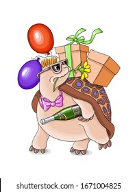 vector illustration holiday greeting card , turtle carries a gift end air balloons