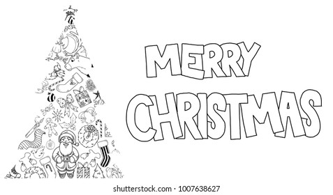 Vector Illustration of a holiday greeting with a Christmas Tree shape made up of Holiday and Winter Elements.