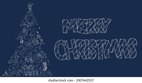 Vector Illustration of a holiday greeting with a Christmas Tree shape made up of Holiday and Winter Elements.