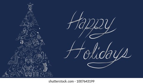 Vector Illustration of a holiday greeting with a Christmas Tree shape made up of Holiday and Winter Elements.
