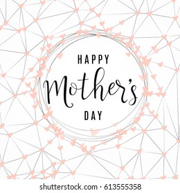 Vector illustration of holiday greeting text happy mother day in the line round frame and triangle polygon background with cute pink hearts