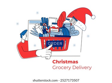 Vector illustration of holiday grocery delivery via smartphone app, convenience of ordering festive essentials from home. A basket full of groceries, and a Santa hat, Christmas spirit digital shopping