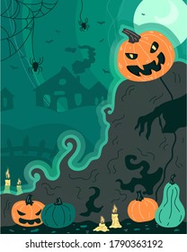 Vector illustration for the holiday Halloween. Pumpkins, spiders, cobwebs, eerie atmosphere. For a postcard or poster.