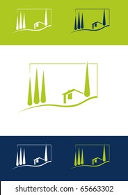 vector illustration of a holiday home cottage and cypress trees on a hill