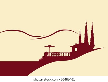 vector Illustration of a holiday home with terrace, cypress trees and hills