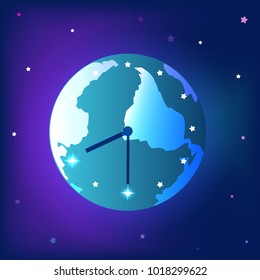 vector illustration for the holiday hour of the earth. A clock in the form of a globe shines through a dark background. Around the star. Space picture. Can be used for the design of postcards, covers