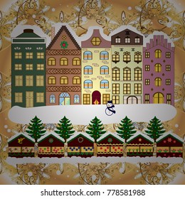 Vector illustration. Holiday Houses background with a christmas tree and houses over a background.