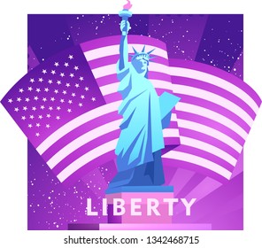 Vector illustration for the holiday of Independence Day of America. Banner with national attributes and symbols of the flag and the statue of liberty in purple colors.