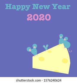 Vector Illustration of a holiday new year card for Chinese year if the rat with three mice eating cheese on purple background with text happy new year 2020