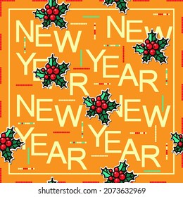 Vector illustration for the holiday New Year. Bright holly berries, lights and letters forming the inscription "New Year". This pattern can be used to decorate holiday cards, surprises and gifts. 