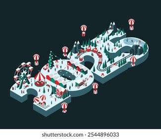 Vector illustration of Holiday New Year 2025. Isometric style. Happy people are having fun and celebrating winter holidays. For a poster or banner and greeting card.
