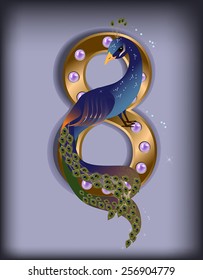 Vector illustration of holiday peacock for March 8 on blue background