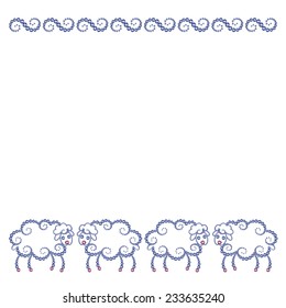 Vector illustration: holiday postcard with herd of little cartoon sheep decorative contours  made of blue and pink diamonds isolated on white background