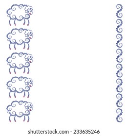 Vector illustration: holiday postcard with herd of funny cartoon sheep decorative contours  made of blue and pink diamonds isolated on white background