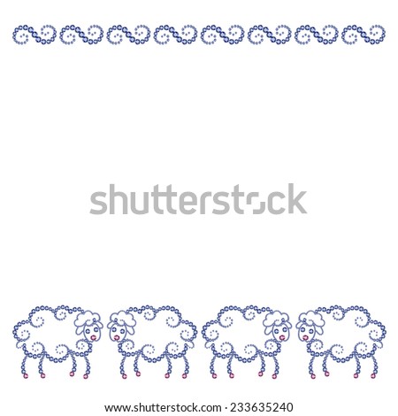 Vector illustration: holiday postcard with herd of little cartoon sheep decorative contours  made of blue and pink diamonds isolated on white background