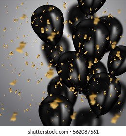 Vector illustration holiday poster with air balloons and confetti glitters. Realistic balloons and confetti holiday event. Decoration Element for party or celebrations