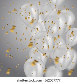 Vector illustration holiday poster with air balloons and confetti glitters. Realistic balloons and confetti holiday event. Decoration Element for party or celebrations