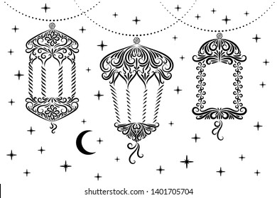 Vector illustration for the holiday of Ramadan: three different lanterns from the ornament. Isolated objects on white background. Image for your decor and design: greeting card, poster, sticker.