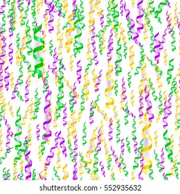 Vector illustration of holiday seamless pattern with colorful yellow, green, purple serpentine ribbons with shadows for mardi gras poster, banner template isolated on white background