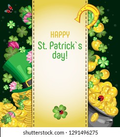 Vector illustration for the holiday of St. Patrick. Leprechaun's hat on piles of gold coins surrounded by leaves and flowers of clover. Cauldron with gold coins and falling coins and leaves