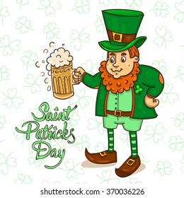 Vector illustration for the holiday St. Patrick's day, leprechaun with a red beard in traditional costume with mug beer