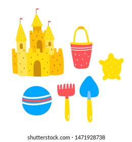 Vector illustration holiday summer set of sand castle and shovel. backet, rake and ball. For poster, children book on white background in doodle style