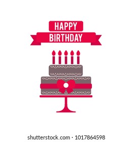Vector illustration for a holiday theme Birthday party.  A cake decorated with candles and patterns of cream, above it a signboard with an inscription. Emblem with text. Flat style, icon, symbol