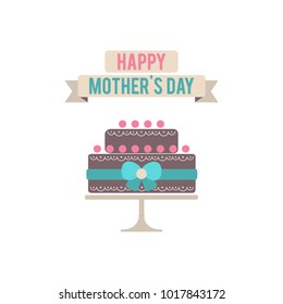 Vector Illustration For A Holiday Theme Mother's Day. A Cake With Twelve Balls Is Decorated With A Bow And Ribbon On The Stand. Patterns Of Cream. Emblem With Text. Flat Style, Icon, Symbol