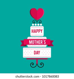Vector illustration for a holiday theme Mother's Day.  The cake is decorated with heart and patterns from the cream, on it there is a signboard with an inscription. Emblem with text. Flat  style.