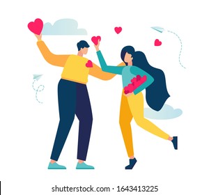 vector illustration, holiday Valentine's Day, communication and acquaintance, couple in love and hearts