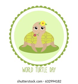 Vector illustration for the holiday of the world day of the turtle. A funny cartoon tortoise.