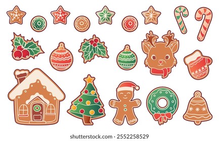 Vector illustration of holidays ginger cookies. Christmas tree, decoration, mitten, candy, stars. Merry Christmas, New Year concept. For design menu, card decoration.