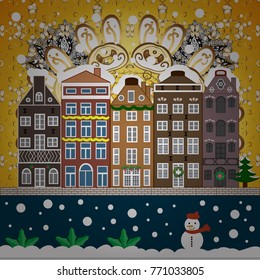 Vector illustration. Holidays Vector illustration. Over a background. Winter city with trees, cute houses. Winter is coming. Landscape with nature and houses. Nature landscape.